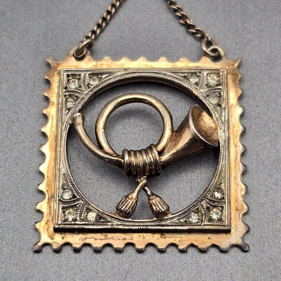 Antique 835 Silver Repousse Horn Brooch 2" Dangling Chain Rose Cut Gemstones - Picture 2 of 10